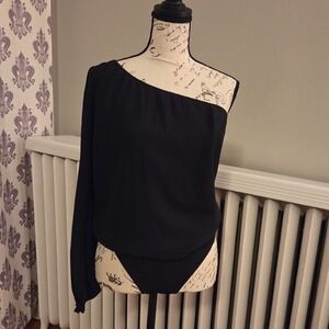 NWT Abercrombie Black One Sleeve Crepe Asymmetrical Blouse Bodysuit, Sz S